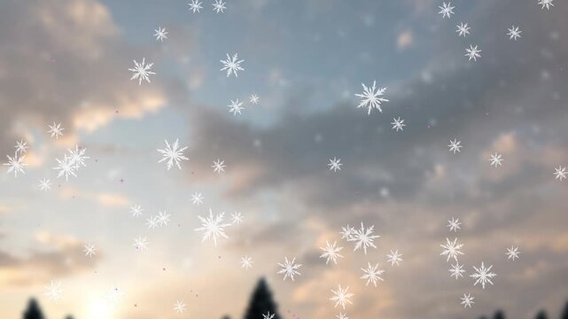Animation of snowflakes falling over winter landscape with tall trees