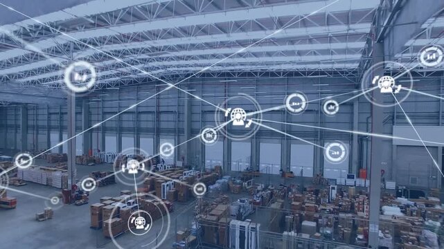 Animation of graph and profile icons connected with icons over aerial view of boxes in warehouse
