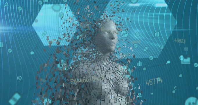 Animation of digital human and floating application icons, numbers, wave pattern and hexagon