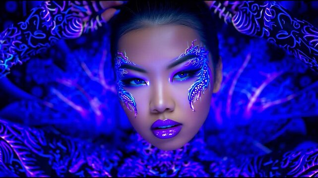 Futuristic neon portrait of woman with glowing body art and UV-reactive makeup in cyber fantasy aesthetic