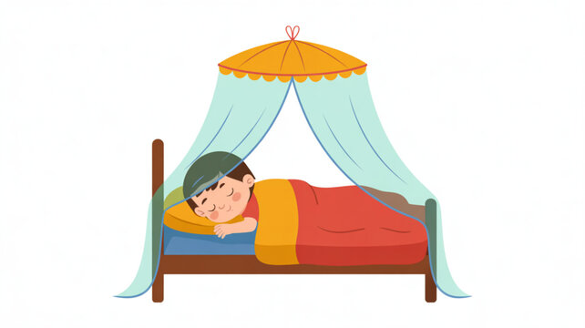 Young boy sleeping peacefully in a bed with a mosquito net illustration of rest and comfort for children isolated on white background