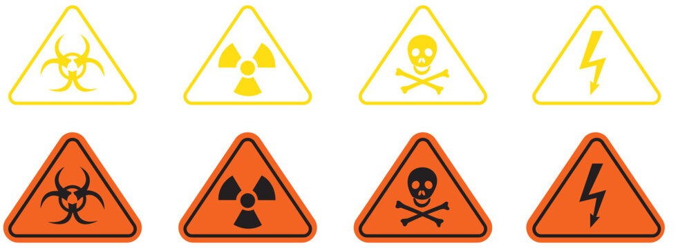 Caution signs set. Warning triangular caution shape signs with various danger symbols. Fire warning, hazard danger, high voltage icon. Attention, risk, flammable, skull, bone vector illustration.
