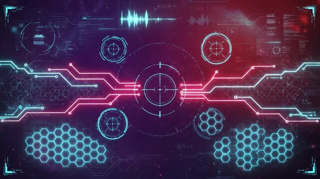 Futuristic digital interface featuring glowing hexagon patterns with neon blue and pink lines, technology concept showcasing data visualization and waveform display in vibrant neon colors