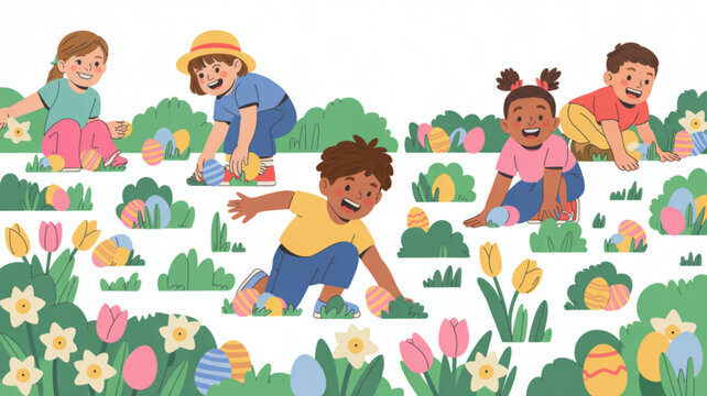 Diverse children enjoying an Easter egg hunt in a spring garden collecting colorful eggs among flowers and bushes perfect for holiday celebrations and kids activities