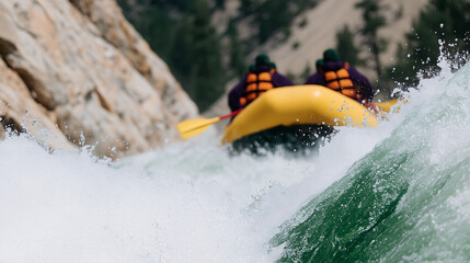 Fototapeta premium A raft enters a rapid on a raging river, crew steering through the whitewater — an extreme shot for adventure tourism and outdoor brands.