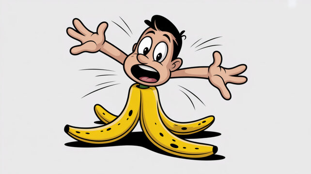 Cartoon man slipping on a banana peel a comical accident illustration for concepts of bad luck surprise or failure isolated on white