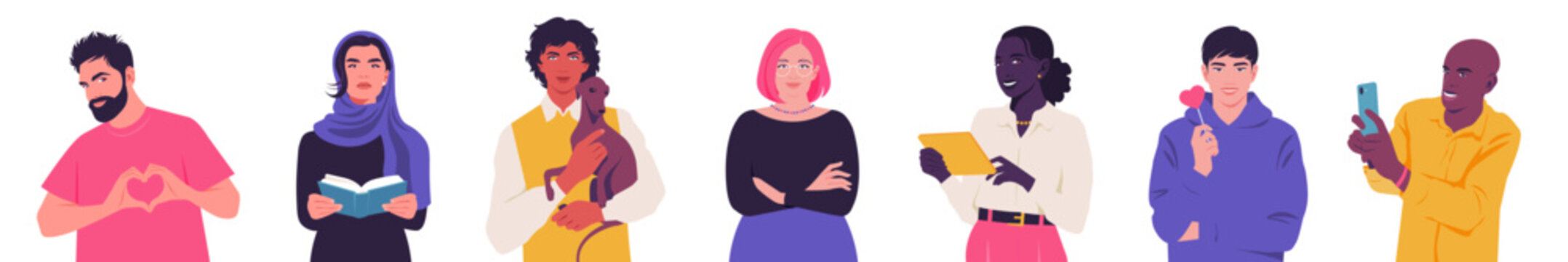 Modern flat vector illustration of a diverse group of young people. The multicultural set men and women of various ethnicities. Diversity, inclusion, community, teamwork, and modern society.