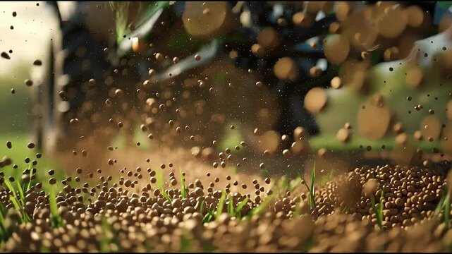 Close-up of agricultural tractor spreading fertilizer pellets on green grass field during spring farming season