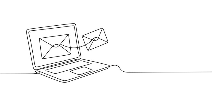 Laptop and envelope e mail list building illustration continuous one line art illustration. Can used for logo, emblem, slide show and banner.