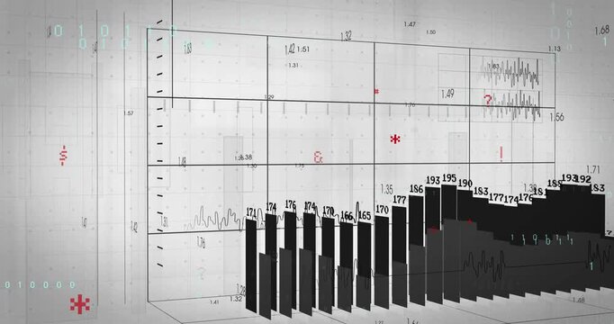 At 2 seconds grid bars emerging with labels, waves animating, red icons floating and bars receding