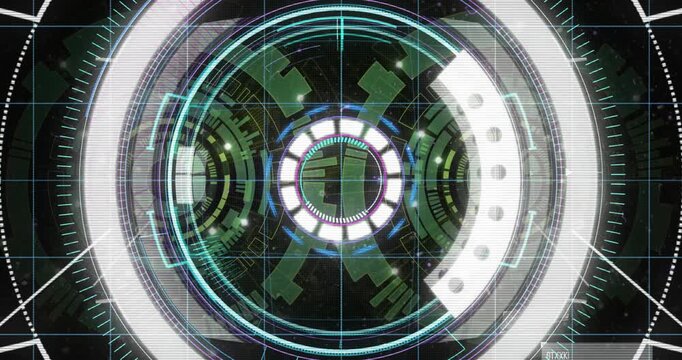 On startup circular HUD interface animating spinning rings, sweeping arc and scanning for readout