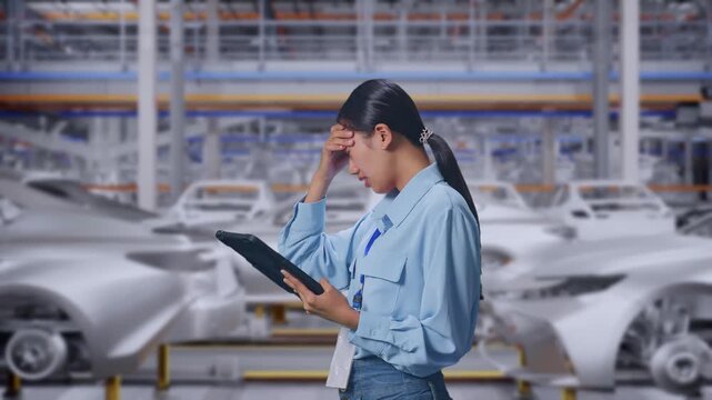 Side View Of Asian Female With Her Tablet In Car Manufacturing Assembly Line, Checking With Dissapionted And Nodding Her Shead 