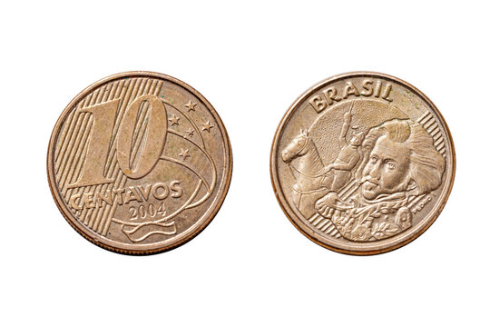 Brazilian 10 centavo coin, bronze metal currency isolated, Money and everyday economy, national identity, financial savings, numismatic detail, surface circulating currency, Coin collecting hobby