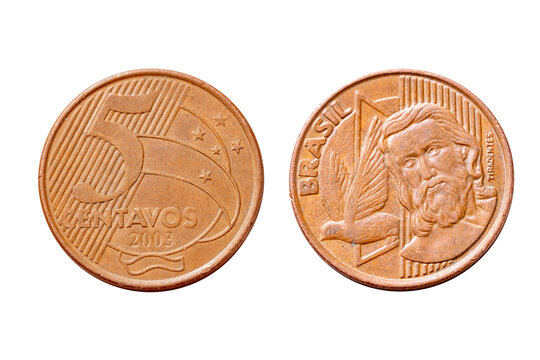 Brazilian 5 centavo coin, bronze metal currency isolated, Money and everyday economy, national identity, financial savings, numismatic detail, surface circulating currency, Coin collecting hobby