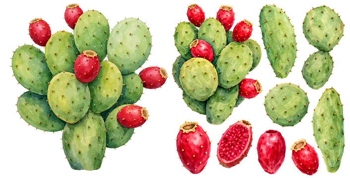 A beautiful collection of watercolor prickly pear cactus, featuring green cactus pads with red fruits and sliced fig, isolated on a transparent background.