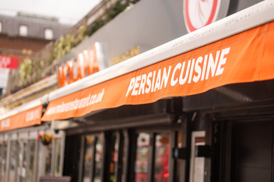 LONDON -  Molana Persian Cuisine &ndash; restaurant awning on Broadway W13 Ealing