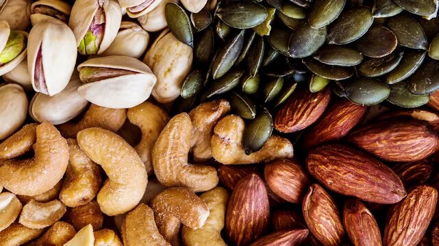 Macro close-up of assorted mixed nuts including almonds, cashews, pistachios and seeds. Healthy snack concept, rich textures, organic food background, nutrition and protein-rich diet visuals.