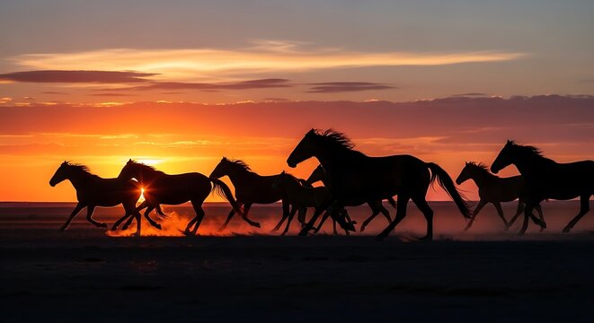 Horses running on beach at sunset, horse silhouettes