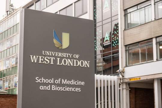 LONDON -  University of West London &ndash; School of Medicine and Biosciences sign on Uxbridge Road Ealing