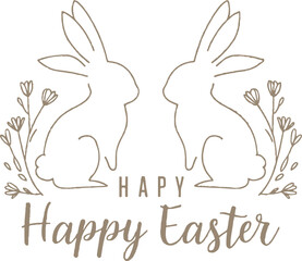Fototapeta premium Minimalist Happy Easter Greeting with Hand Drawn Line Art Bunnies and Floral Elements