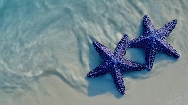 Two blue starfish on sandy seafloor with clear water