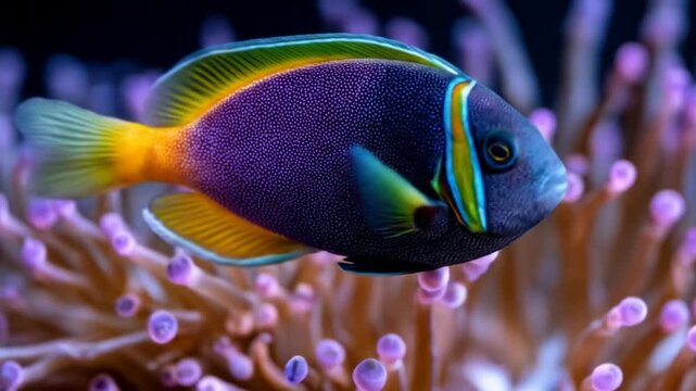 Vibrant tropical fish swimming near sea anemones underwater