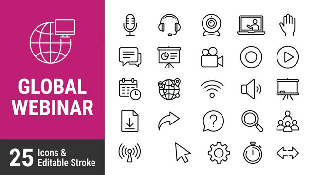 Global webinar vector icon set for online presentations and meetings