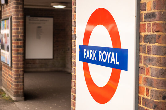 LONDON -  Park Royal tube station &ndash; iconic Underground roundel sign at entrance