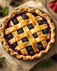 A close up view of a golden baked blackberry pie