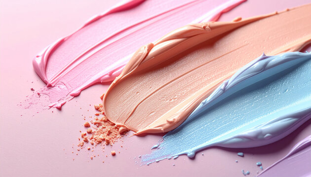 Creamy cosmetic swatches in pastel and soft tones, makeup application concept, smooth blended colors, aesthetic design