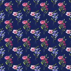 Obraz premium Seamless dark blue pattern with pink and violet flowers and leaves, repeating paper, background. Floral backdrop for textile, fabric, wallpaper. Hand drawn flowers and leaf.