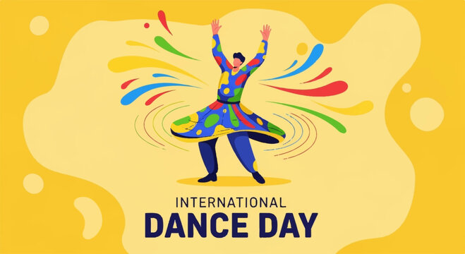 Vibrant dancer celebrating international dance day with colorful splashes on yellow background