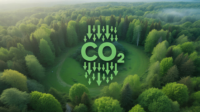 Lush green forest from an aerial perspective with a prominent carbon dioxide reduction graphic symbolizing environmental sustainability and natural ca