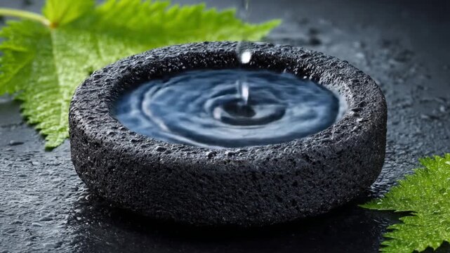 Water droplet falling into a dark stone bowl with water and green leaves
