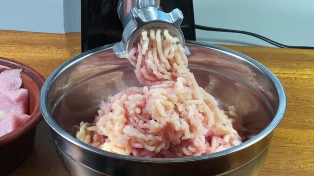 Grinding poultry meat into ground meat with electric meat grinder