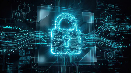 Obraz premium Futuristic glowing digital lock symbol made of neon blue data particles. High tech abstract background representing cyberspace, encryption, and information privacy.