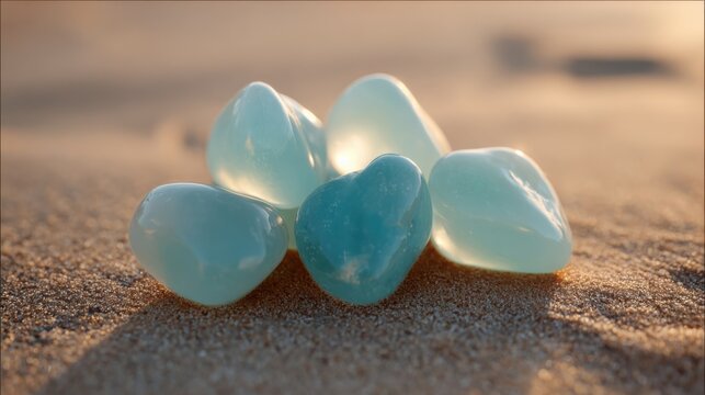 Smooth, rounded chalcedony stones in various pale blue and teal shades, artfully arranged on textured sand with soft golden sunlight.