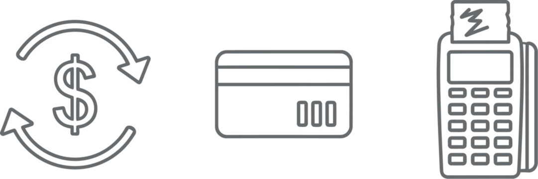 Financial transaction icons: money exchange, credit card, and point of sale terminal for modern payments