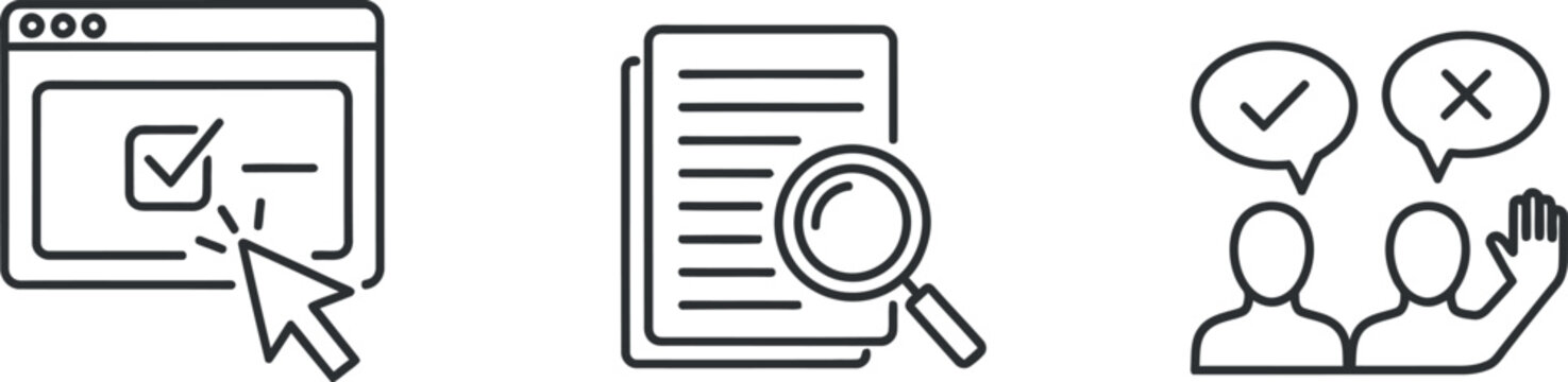 Digital process icons representing selection, document review, and feedback or approval decisions, illustrating various stages of online interaction.