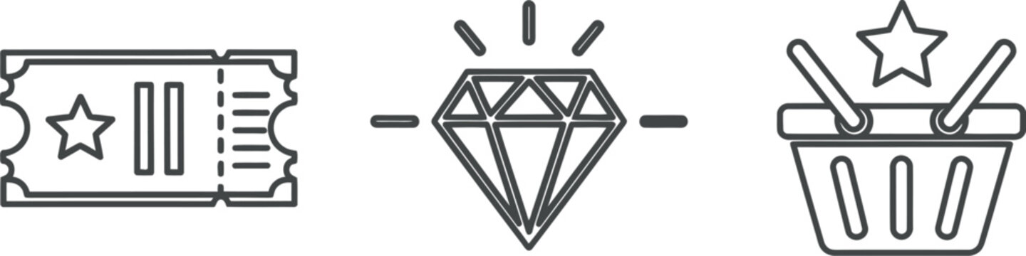 Exclusive rewards and premium shopping experience represented by a ticket, a sparkling diamond, and a star-filled basket