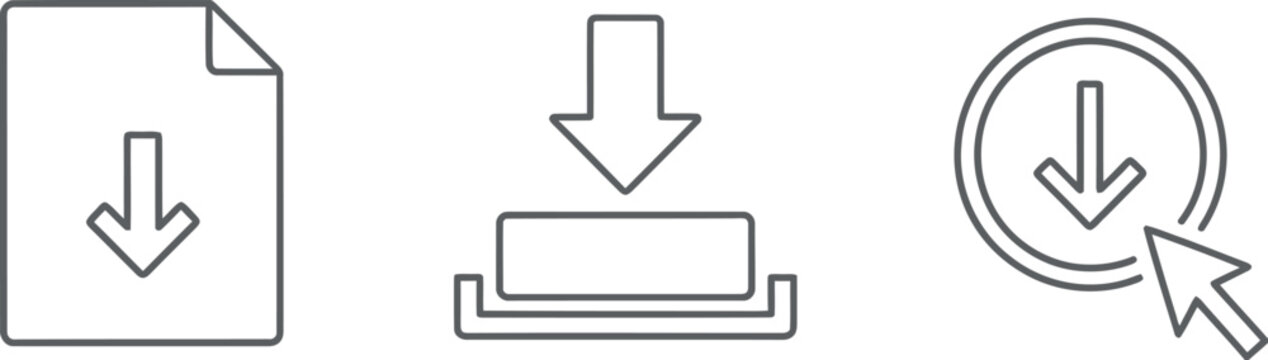 Three distinct line art icons illustrating different aspects of the download process for files and data