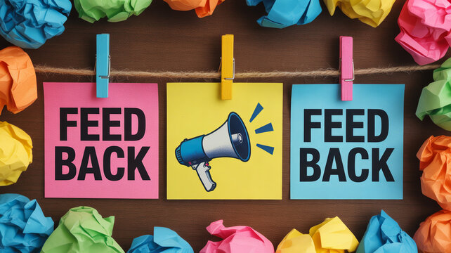 Vibrant feedback concept with colorful sticky notes and a megaphone illustration on a string surrounded by crumpled paper on a wooden background