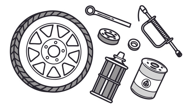 A set of motorcycle parts and tools in a flat, minimalist vector illustration style