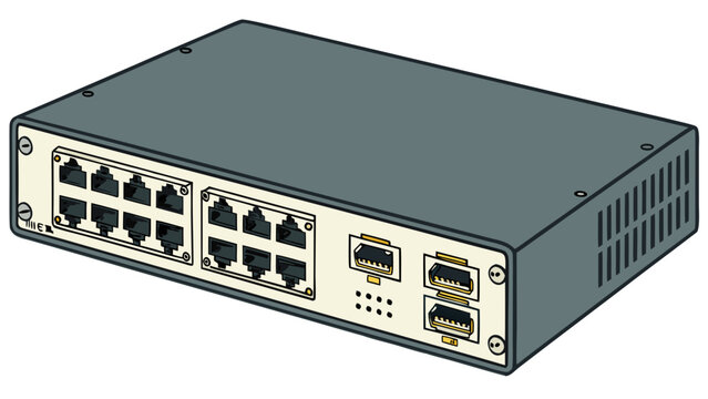 A vector graphic illustration of a network switch with multiple Ethernet ports