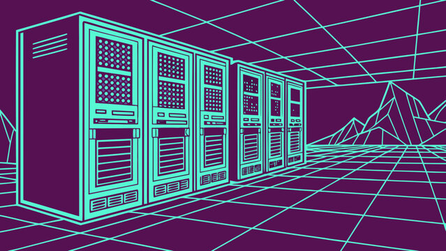 A futuristic illustration of computer servers in a virtual reality environment with a purple and blue grid background