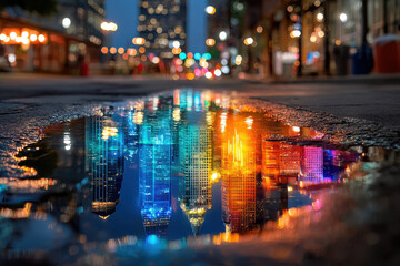 Obraz premium City skyline reflected in a puddle during twilight creates a vibrant visual spectacle