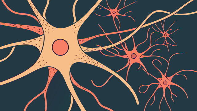 A vector graphic illustration of neurons on a dark background
