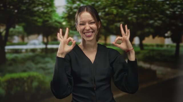 Woman making ok hand gestures with smiling face in street park scene filled with green trees and bench; joy confidence.