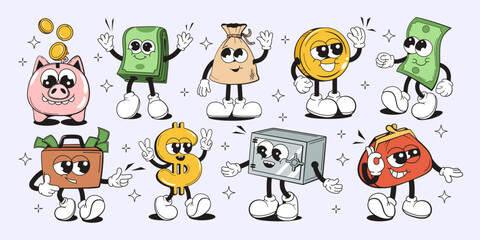 Cartoon money characters in playful comic style on light background symbolizing finance and savings concepts. Vector illustration © GN.STUDIO
