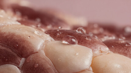 Obraz premium Macro shot of meat or fatty tissue surface with visible droplets, highlighted textures and sheen. 